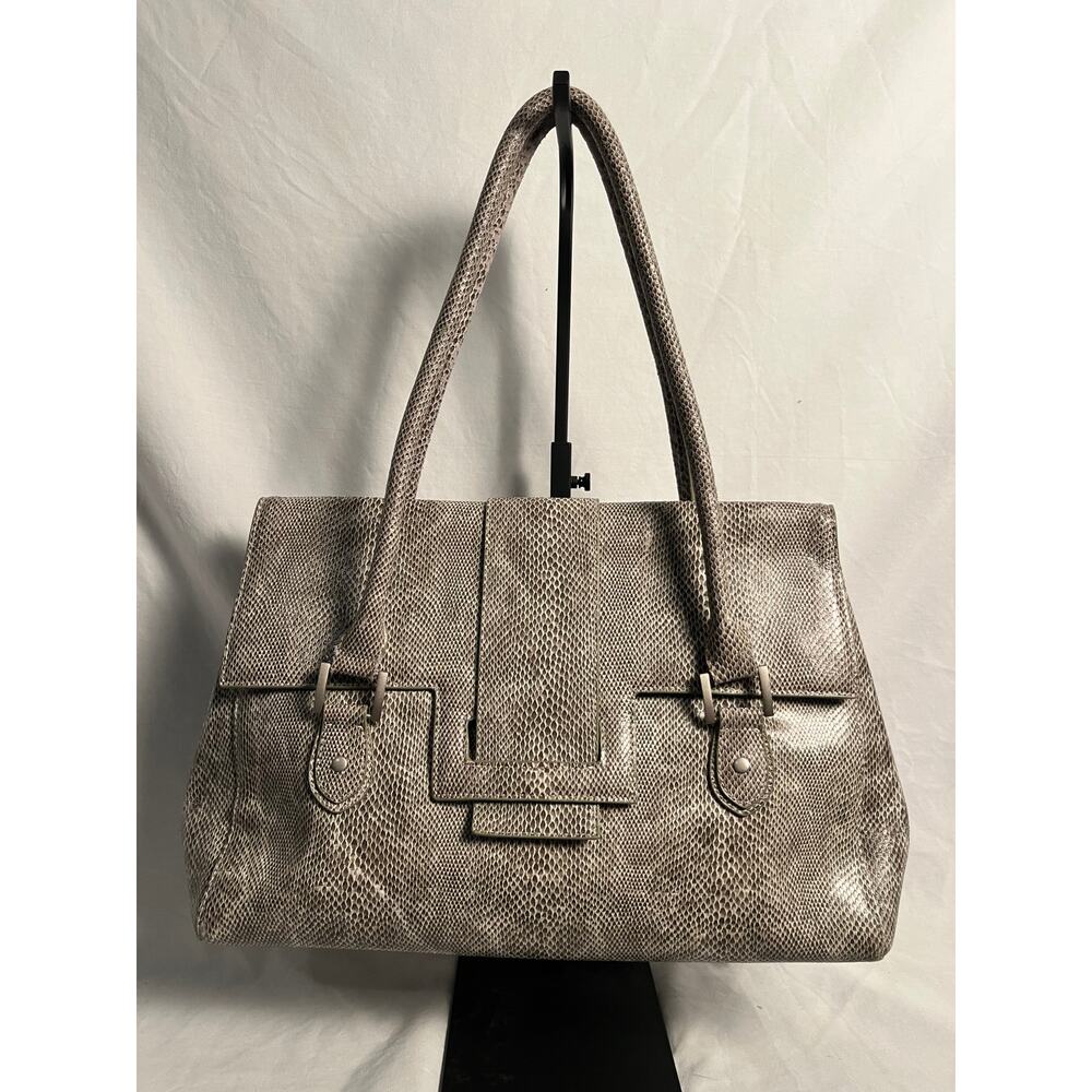 Charlie Lapson Taupe Snake Embossed Faux Leather Tote Shoulder Bag 17 Inch